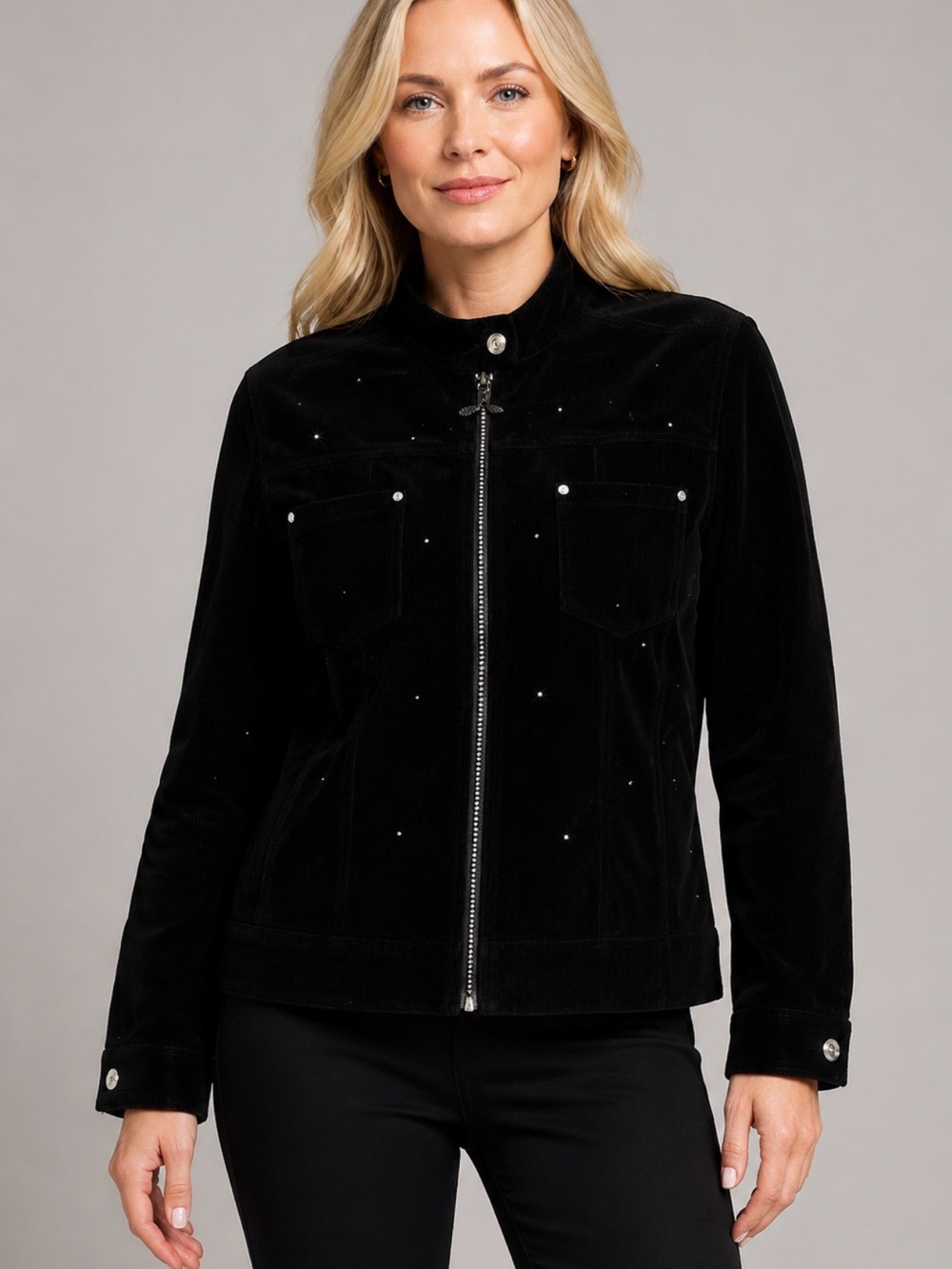Jacket QUACKER FACTORY Black  Corduroy  Women L Rhinestone Zip Front Chic Blazer